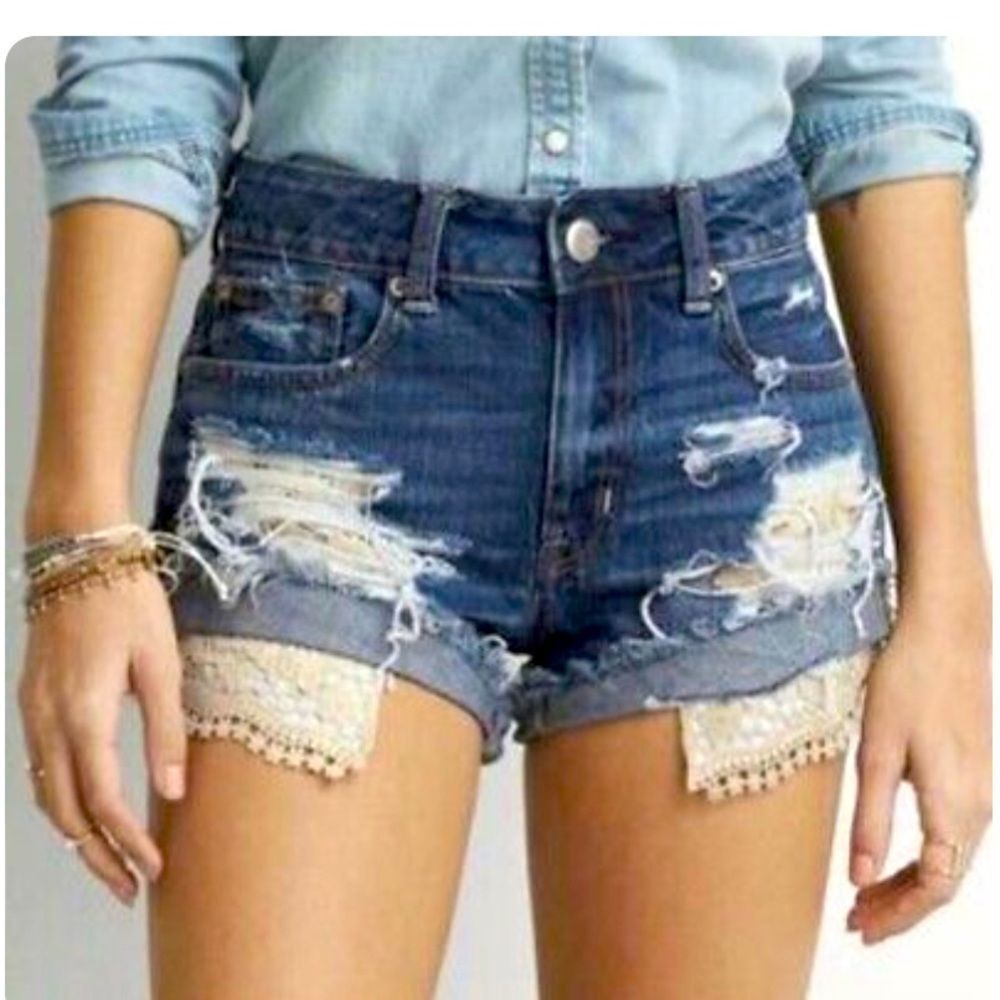 American Eagle Hi-Rise Festival Lace Distressed Denim Shorts